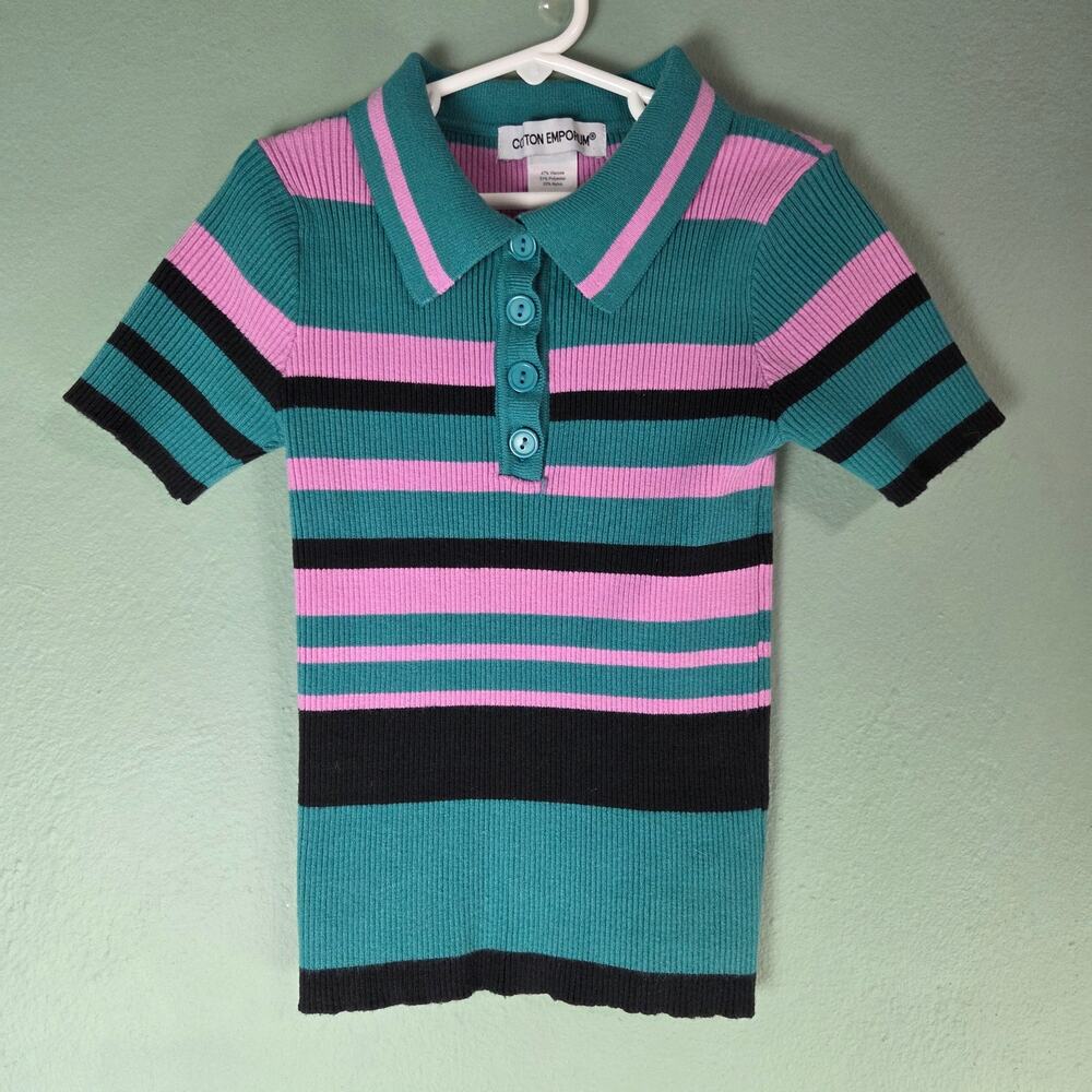 Cotton Emporium Womens Teal Cotton Pullover Striped Short Sleeve Collared Top XS